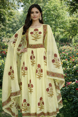 Yellow Block Printed Anarkali 3-Piece Suit Set