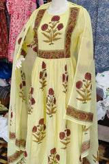 Yellow Block Printed Anarkali 3-Piece Suit Set