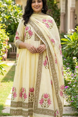 3 Piece Anarkali Set in Lemon Yellow color with Block printing in Pink color