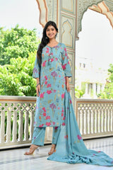 Powder Blue / Mustard yellow Floral Printed 3-Piece Suit Set