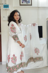 White Straight Cotton Suit with Block Print in Pink & Olive Green