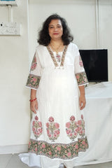 White Straight Cotton Suit with Block Print in Pink & Olive Green