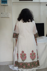 White Straight Cotton Suit with Block Print in Pink & Olive Green