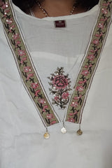 White Straight Cotton Suit with Block Print in Pink & Olive Green