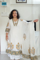 White A line Cotton Suit with Block Print in Yellow & Olive Green