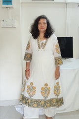 White A line Cotton Suit with Block Print in Yellow & Olive Green