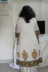 White A line Cotton Suit with Block Print in Yellow & Olive Green
