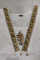 White A line Cotton Suit with Block Print in Yellow & Olive Green