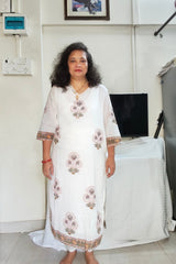 White with Grey & Mustard Yellow Floral 3-piece Straight Cotton Suit