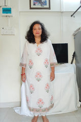 White & Pink Block Print 3-Piece Straight Cotton Suit