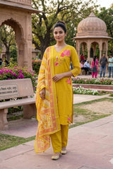3-Piece Cotton Suit in Mustard Yellow with Embroidery & Printed Dupatta