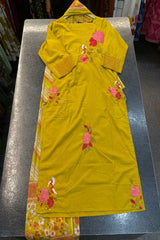 3-Piece Cotton Suit in Mustard Yellow with Embroidery & Printed Dupatta