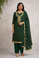 3 Piece unstitched Chiffon Material - Lehriya in Dark Green color