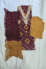 3-Piece Unstitched Cotton Bandhani Suit Material with Embroidered Neck