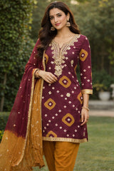 3-Piece Unstitched Cotton Bandhani Suit Material with Embroidered Neck