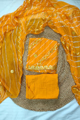 3-Piece Unstitched Leheriya Chiffon Suit Material with Embroidery in Marigold Yellow color