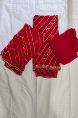 3-Piece Unstitched Lehriya Chiffon Suit Material with Embroidery in Red color