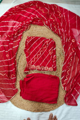 3-Piece Unstitched Lehriya Chiffon Suit Material with Embroidery in Red color