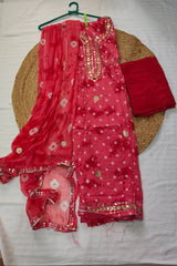 3-Piece Unstitched Bandhej Cotton Suit Material with Chiffon Dupatta - Coral Red
