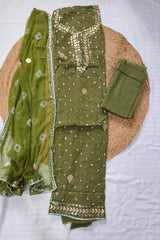 3-Piece Unstitched Bandhej Cotton Suit Material with Chiffon Dupatta - Olive Green