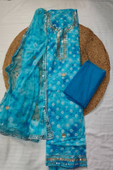 3-Piece Unstitched Bandhej Cotton Suit Material with Chiffon Dupatta - Light Blue