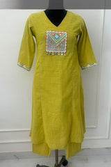 Lime Green Cotton Co-ord Set with Embroidery, Real Mirror and Shells