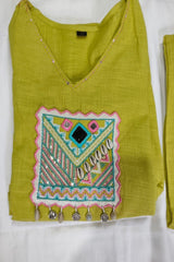 Lime Green Cotton Co-ord Set with Embroidery, Real Mirror and Shells