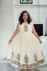 Ivory Cream Cotton Block Print Dress with Jacket