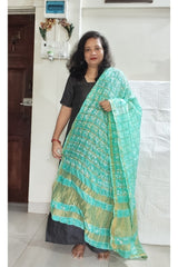 Bandhani Dupatta with Golden Jari Palla in Teal Green color