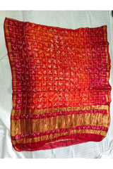 Bandhani Dupatta with Golden Jari palla in Dark Red and Orange color