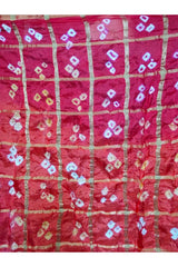 Bandhani Dupatta with Golden Jari palla in Dark Red and Orange color
