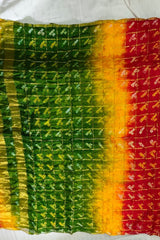 Bandhani Dupatta with Golden Jari palla in Dark Red, Yellow and Green color