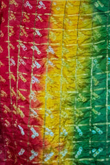 Bandhani Dupatta with Golden Jari palla in Dark Red, Yellow and Green color