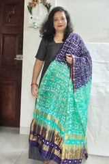 Bandhani Dupatta with Golden Jari palla in Blue and Green color