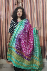 Bandhani Dupatta with Golden Jari palla in Hot Pink and Emerald Green color