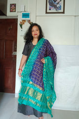 Bandhani Dupatta with Golden Jari palla in Blue and Green color