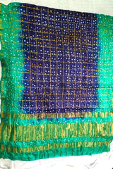 Bandhani Dupatta with Golden Jari palla in Blue and Green color