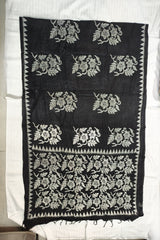Khadi Cotton Kantha Saree – Black with White Hand Kantha Embroidery