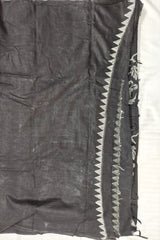 Khadi Cotton Kantha Saree – Black with White Hand Kantha Embroidery