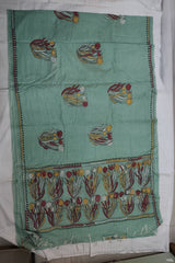 Khadi Cotton Kantha Saree – Mint Green with Multicolor Hand Kantha Embroidery