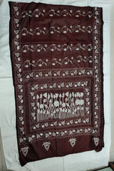 Dark Brown Hand Kantha Embroidered Saree on Blended Bangalore Silk