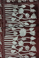 Dark Brown Hand Kantha Embroidered Saree on Blended Bangalore Silk