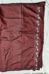 Dark Brown Hand Kantha Embroidered Saree on Blended Bangalore Silk