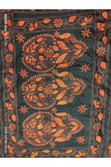 Black with Rust Orange Kantha Embroidery on Blended Bangalore Silk