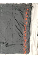 Black with Rust Orange Kantha Embroidery on Blended Bangalore Silk