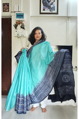 Aqua Blue with Dark Blue Pallu & Border Cotton Kantha Saree