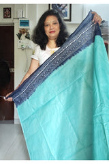 Aqua Blue with Dark Blue Pallu & Border Cotton Kantha Saree
