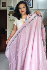Soft Baby Pink with Sage Green Floral Kantha Embroidery on Khadi Cotton Saree