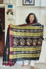 Charcoal Black with Maroon & Olive Green Accents Khadi Cotton Kantha Saree
