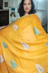 Mustard Yellow with Brown Border Khadi Cotton Kantha Saree